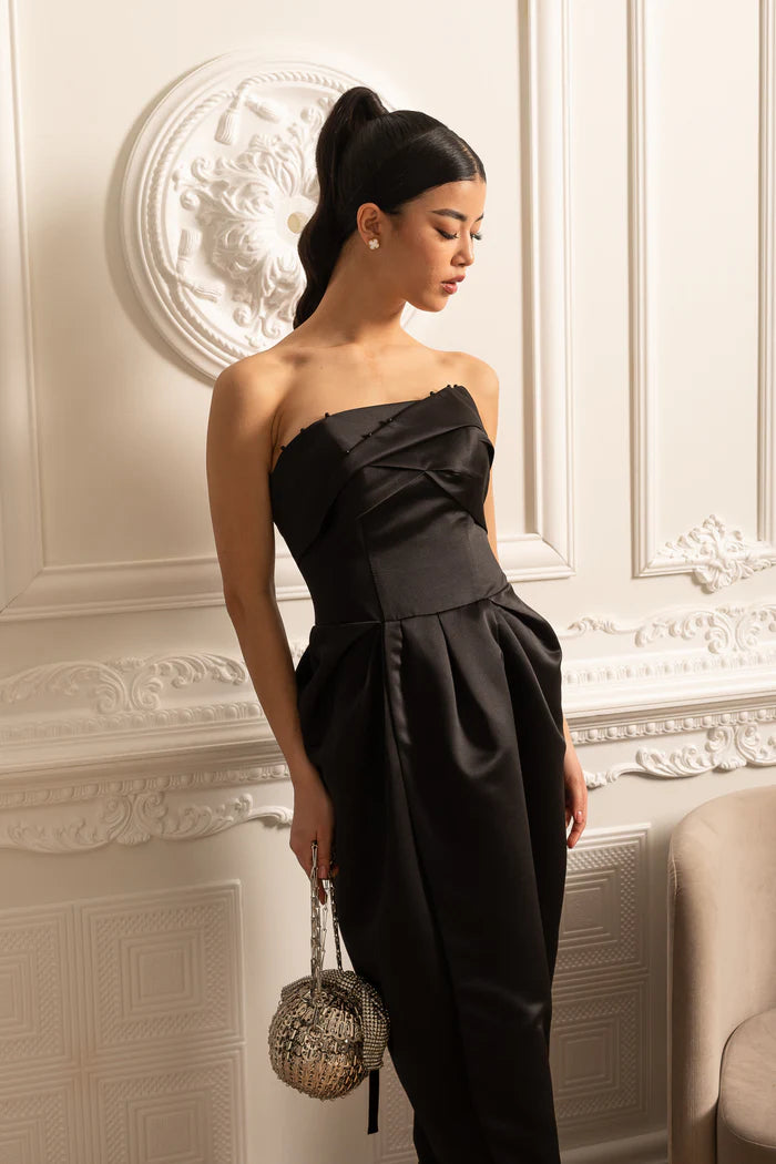 Strapless Midi Dress With Ruched Chest Detailing - Black