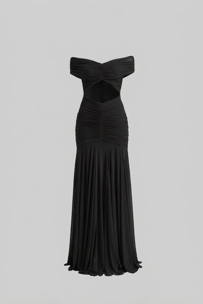 Ruched Off-The-Shoulder Maxi Dress With Cut-Out Waist - Black