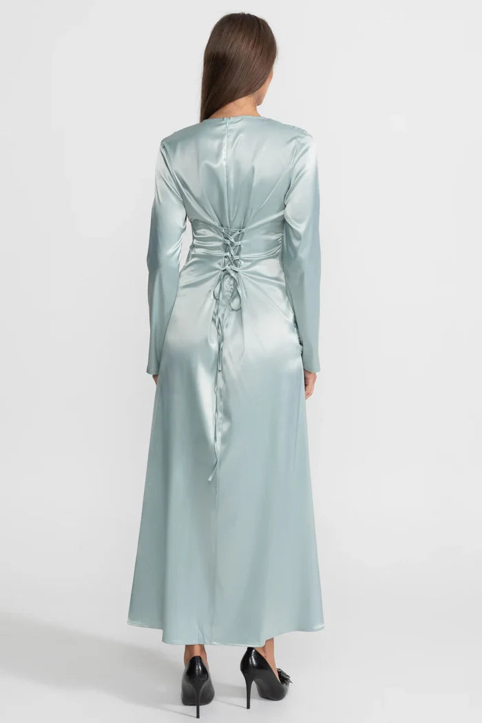 Satin Midi Dress with Draped Overlay and Knot Detail - Teal