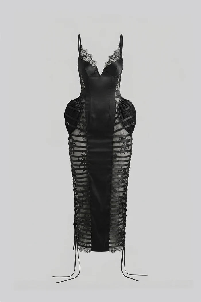 Lace-Trim Midi Dress With Sequin Sheer Side Panels - Black