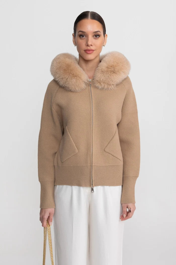 Zip-Up Wool Hoodie With Fox Fur Collar – Brown