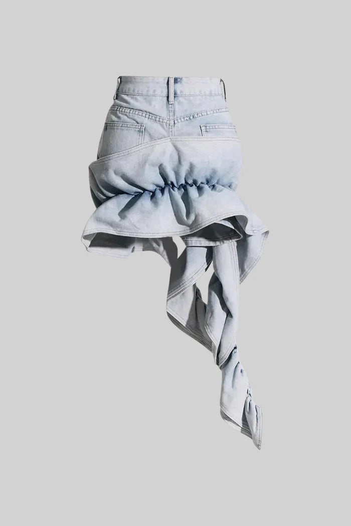 Denim Mini Skirt with Ruffles - Blue