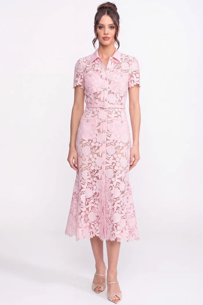 Lace Short Sleeve Midi Dress With Collared Neckline And Belted Waist - Pink