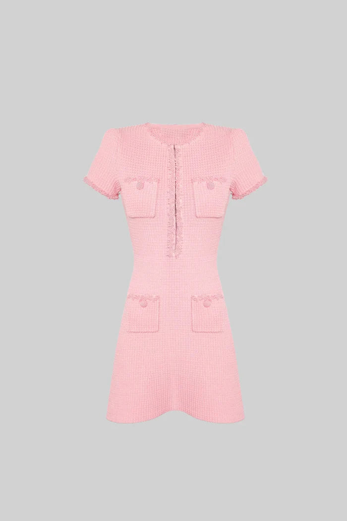 Tweed Mini Dress With Short Sleeves And Buttoned Front Closure - Pink