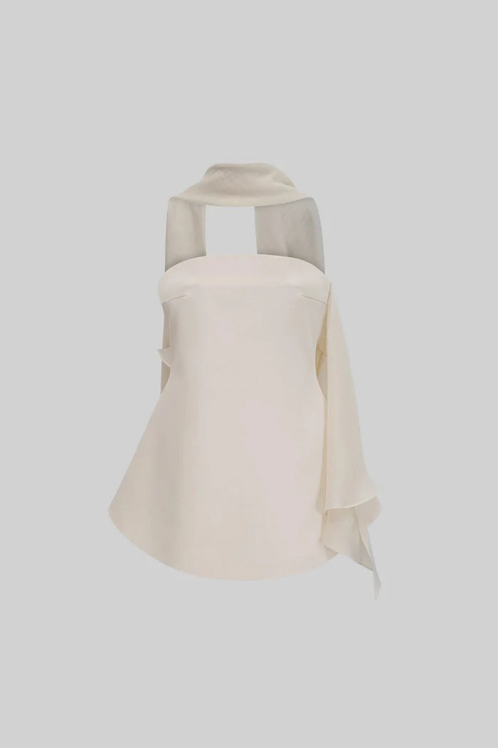Strapless Fitted Mini Dress With Flared Skirt And Draping Scarf Attachment - Ivoire