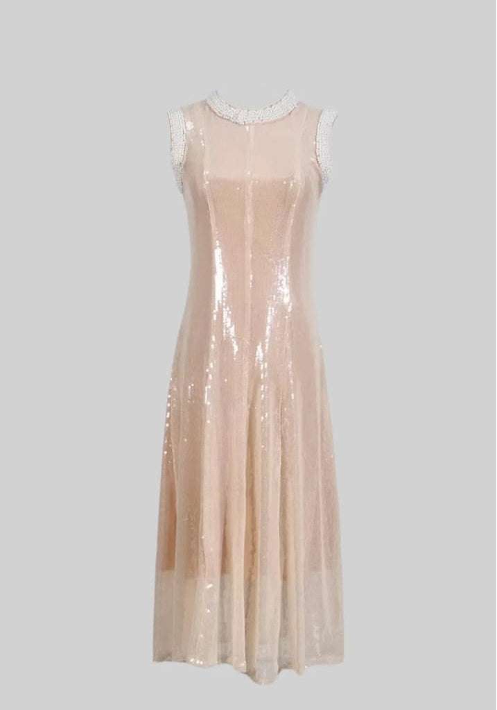 Elegant Sequin Dress With White Pearl Embellishments