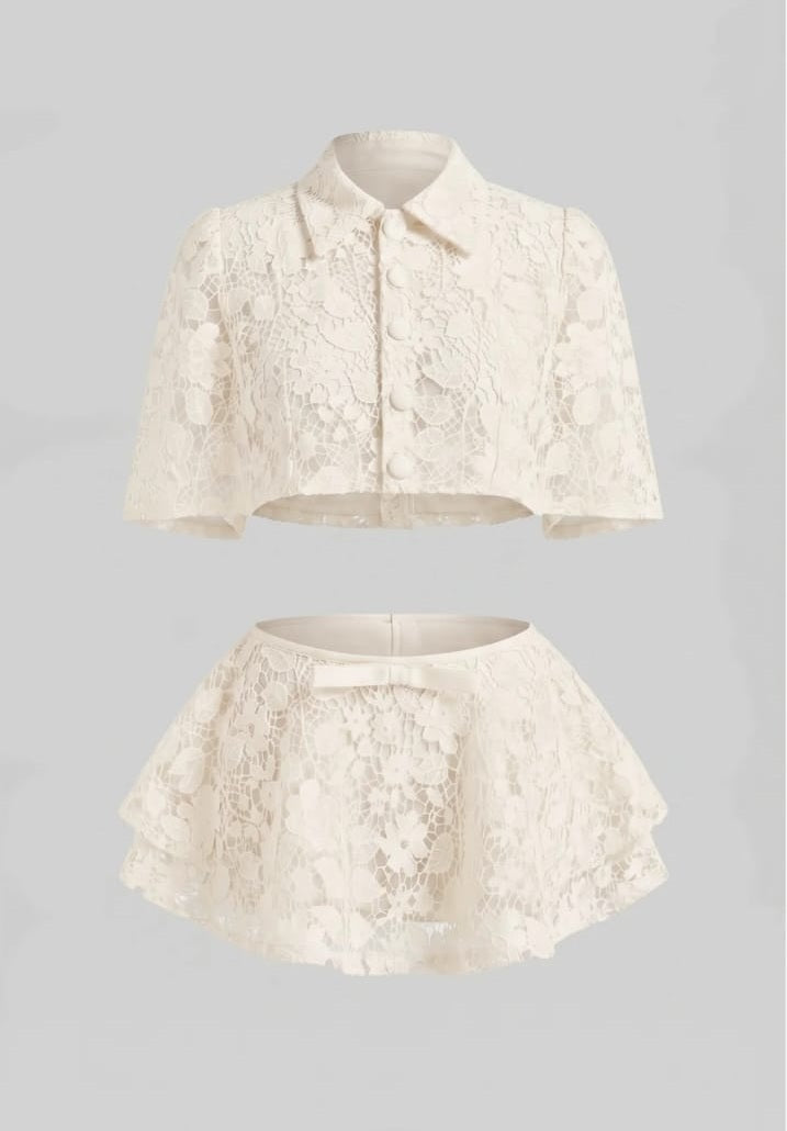 Lace Co-Ord Set With Button Cape And Bow Mini Skirt - Ivoire