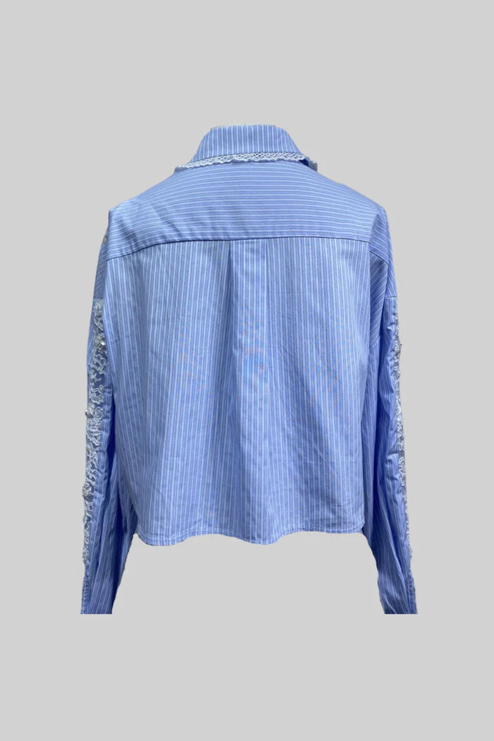 Cropped Striped Shirt with Lace Panels - Blue