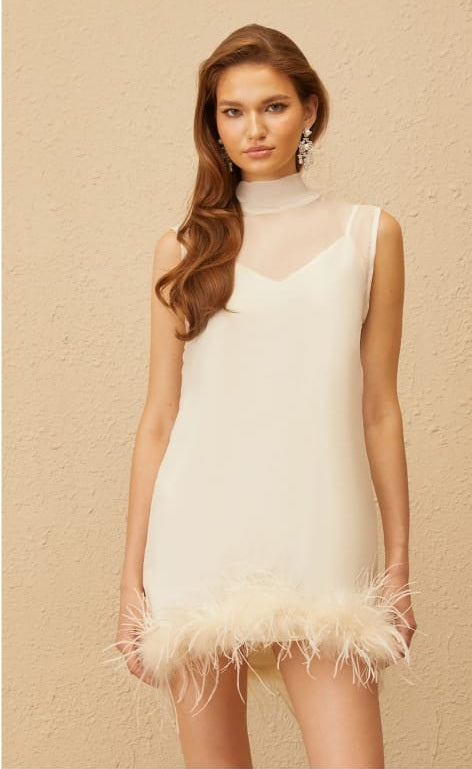 Adrienne White Feather Trim Mini Dress