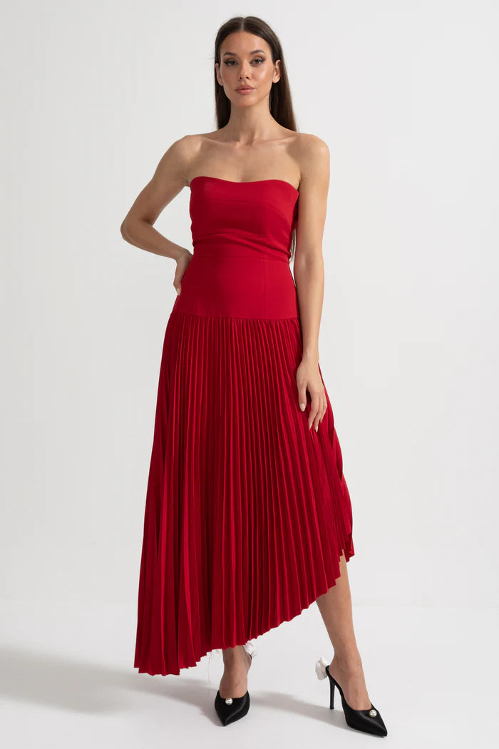 Pleated Midi Dress with Detachable Embellished Shoulder Cape - Red