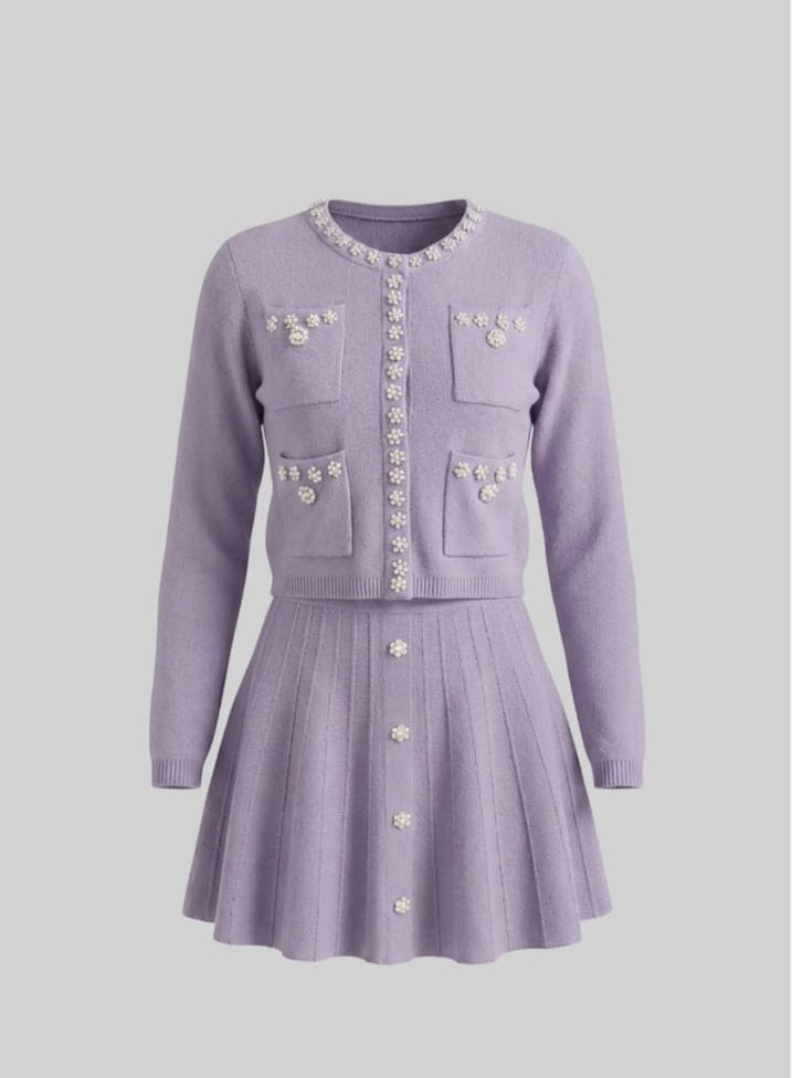 Knit Co-Ord Set With Long Sleeve Cardigan And Matching Mini Skirt - Lilac
