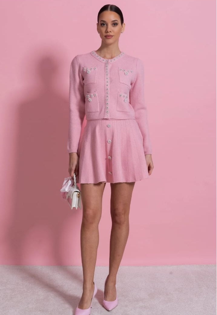 Knit Co-Ord Set With Long Sleeve Cardigan And Matching Mini Skirt - Blush Pink