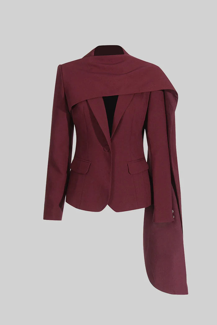 Modern Blazer With Asymmetrical Draped Scarf - Burgundy