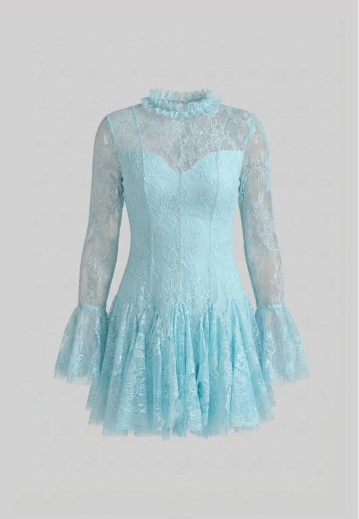 Sheer Lace Long Sleeve Mini Dress With Ruffled Hem - Teal