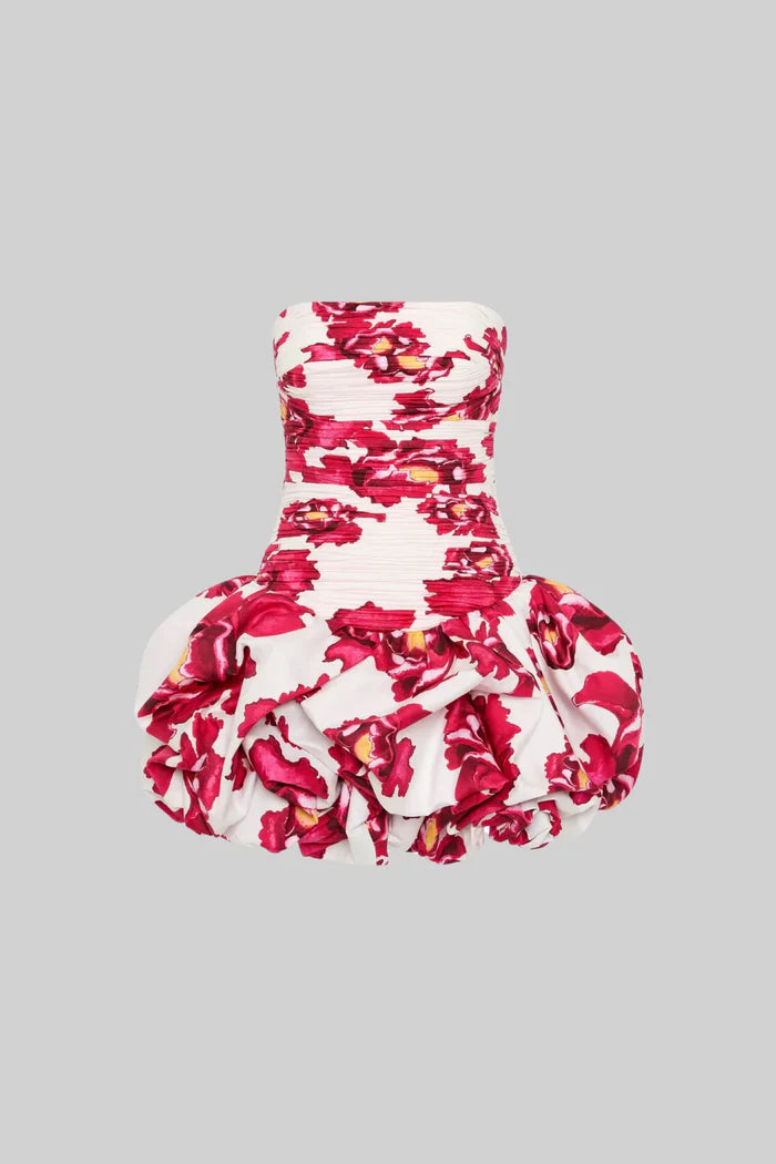 Mini Dress With Ruched Bodice And Voluminous Bubble Hem - White/Red