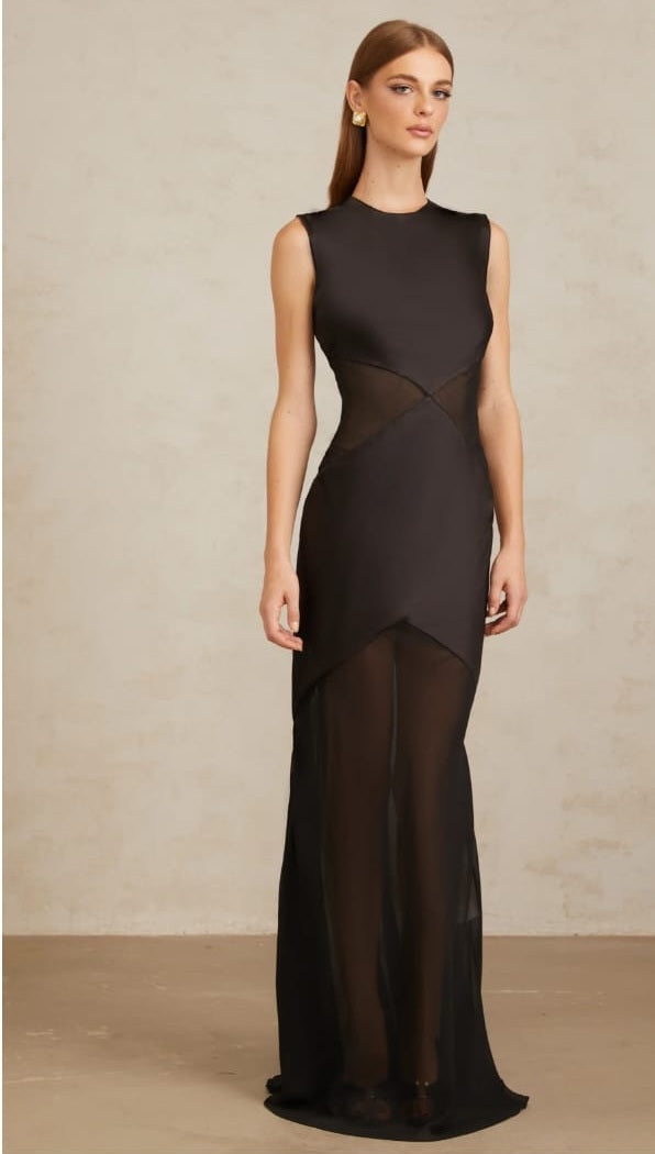 Siiri Black Tulle Panel Satin Maxi Gown