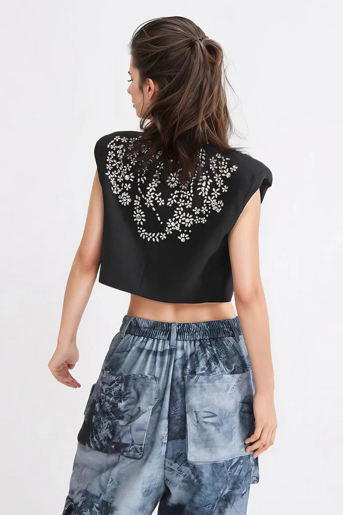 Cropped Waistcoat with Rhinestones - Black