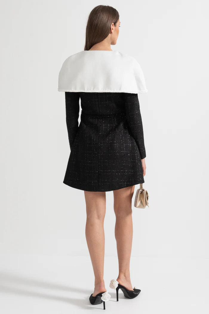 Long Sleeved Textured Tweed Dress With Distinctive Large Shoulder Flaps - Black