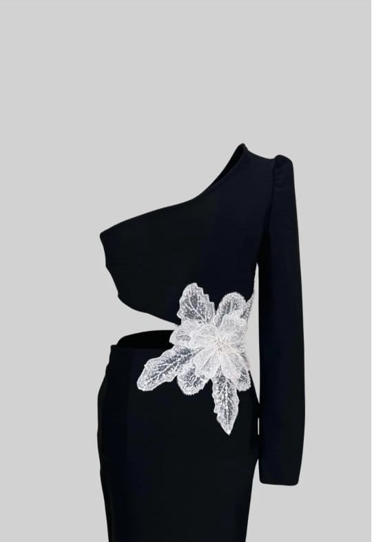 One Shoulder Midi Dress with Contrastant Flower detail - Black