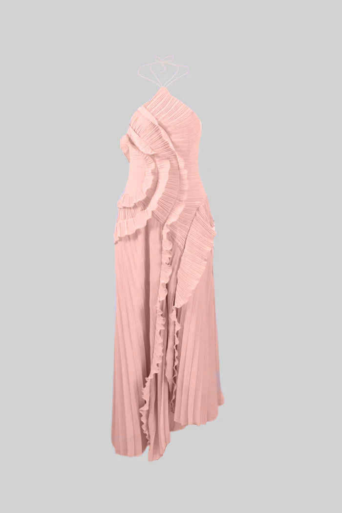 Pleated Halter Midi Dress With Cascading Ruffle Details - Pink
