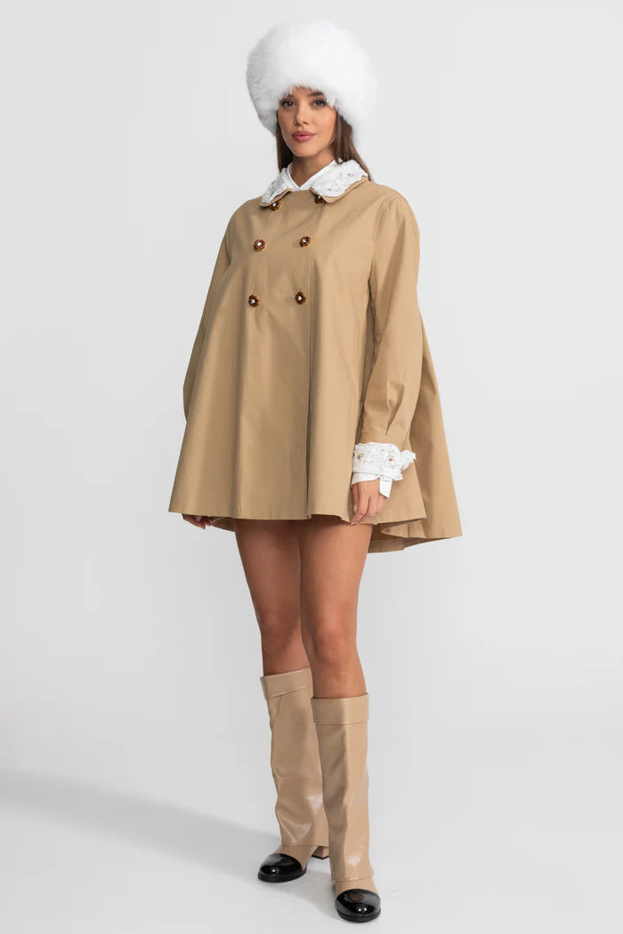 A-Line Trench Mini Dress With Embroidered Collar – Camel