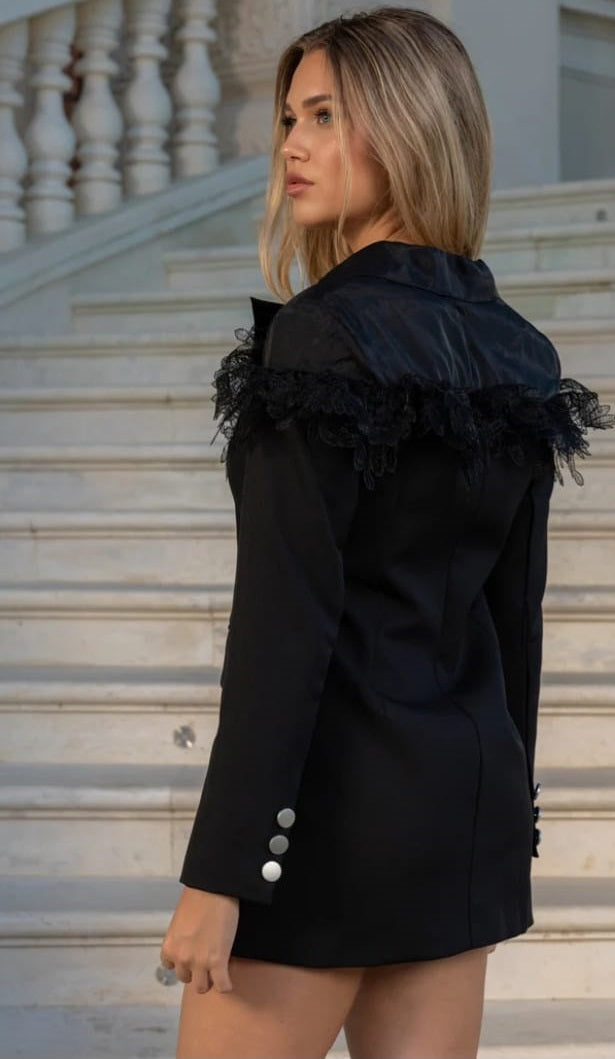 Contrast Blazer with Lace Detailing - Black