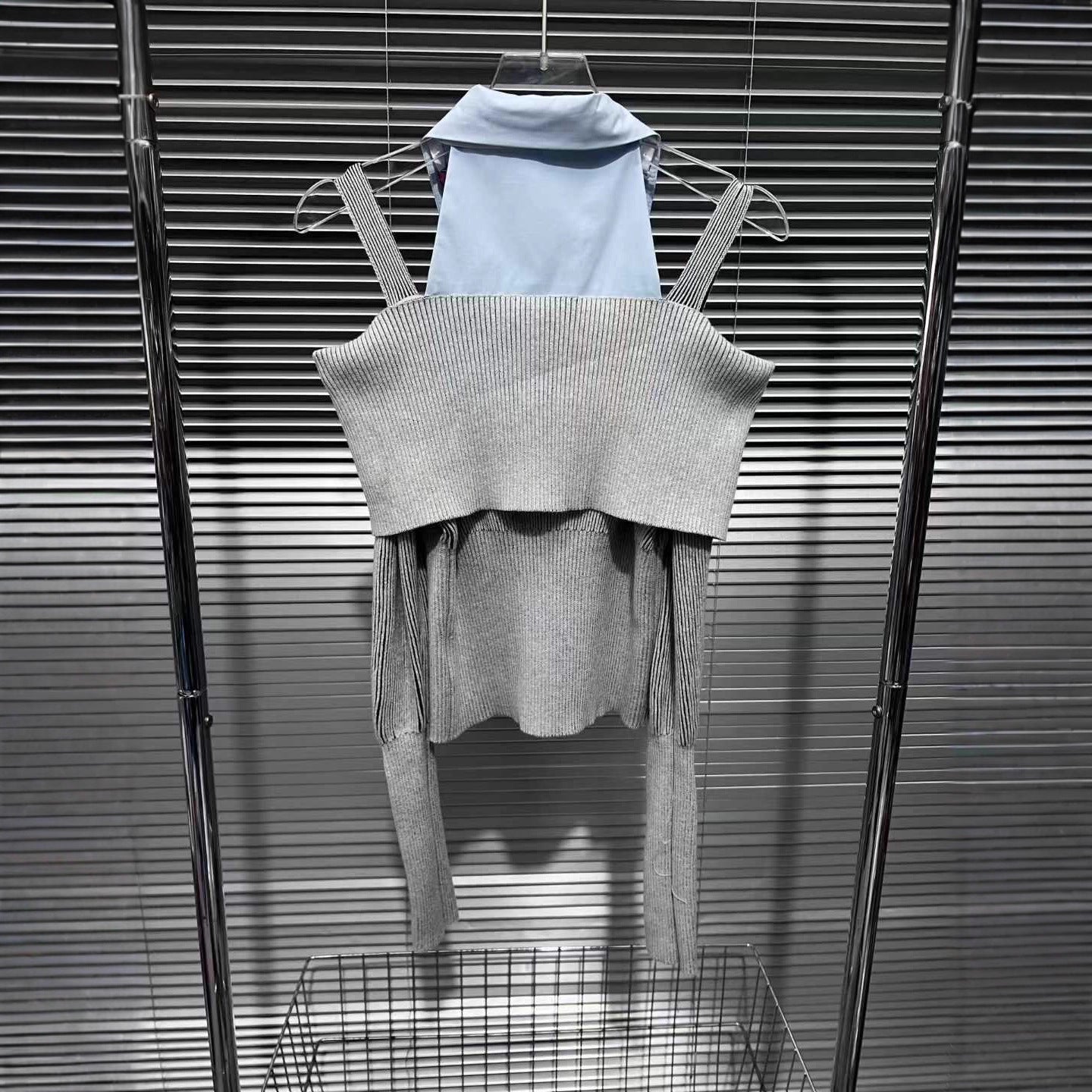 Tie Patchwork Knitted Off-Shoulder Design Shirt