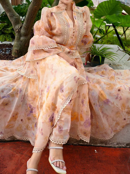 Waist-Slimming Printed Long-Sleeve Dress