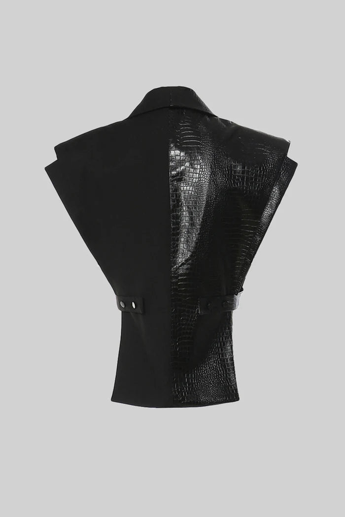 Dual-Fabric Sleeveless Fitted Blazer - Black