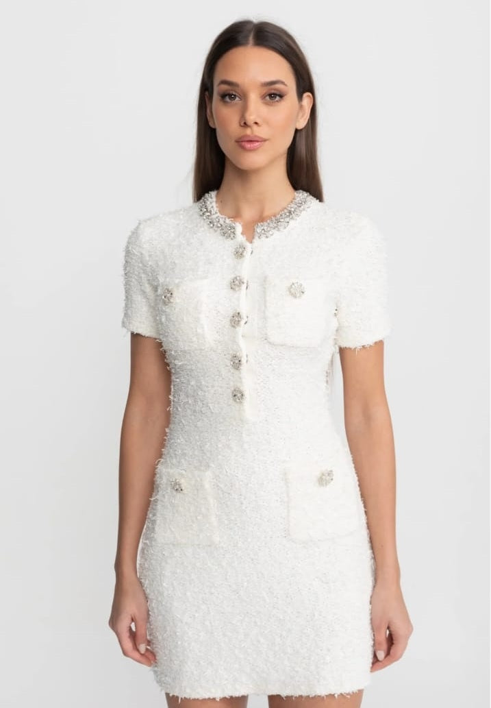Embellished Tweed Mini Dress with Crystal Button Details – White