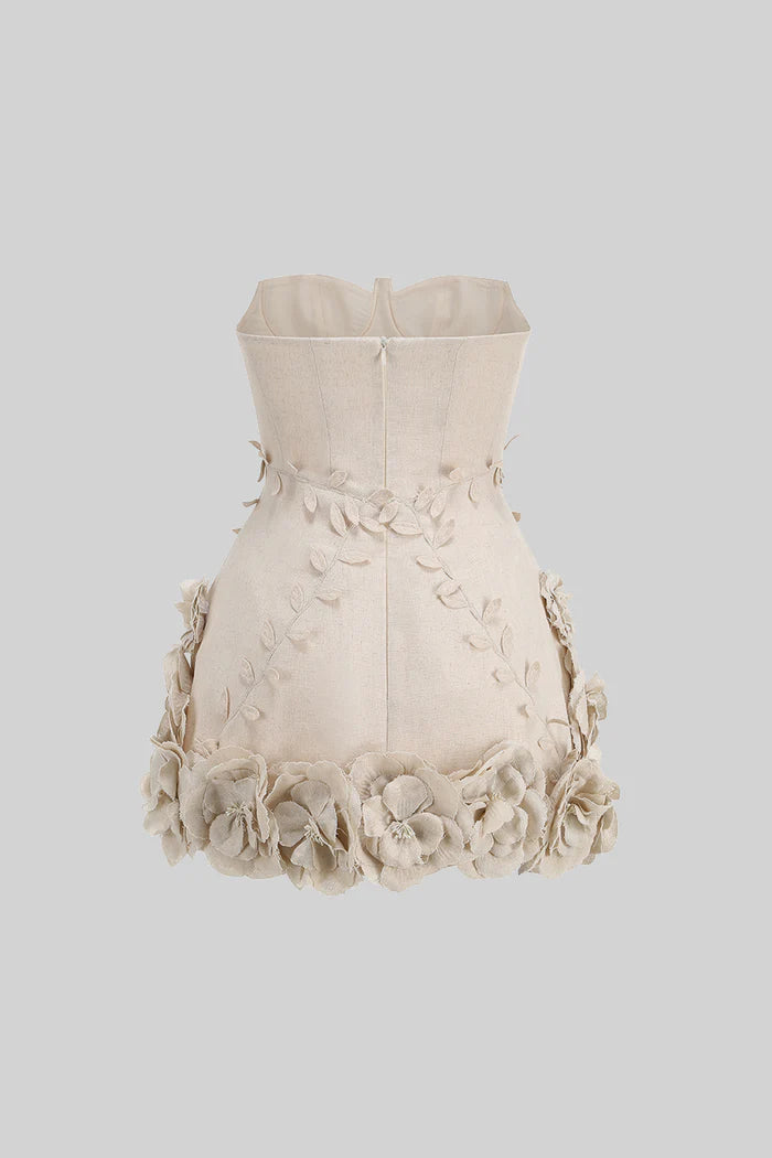 Bustier Dress With 3D Floral Appliqués - Ivoire