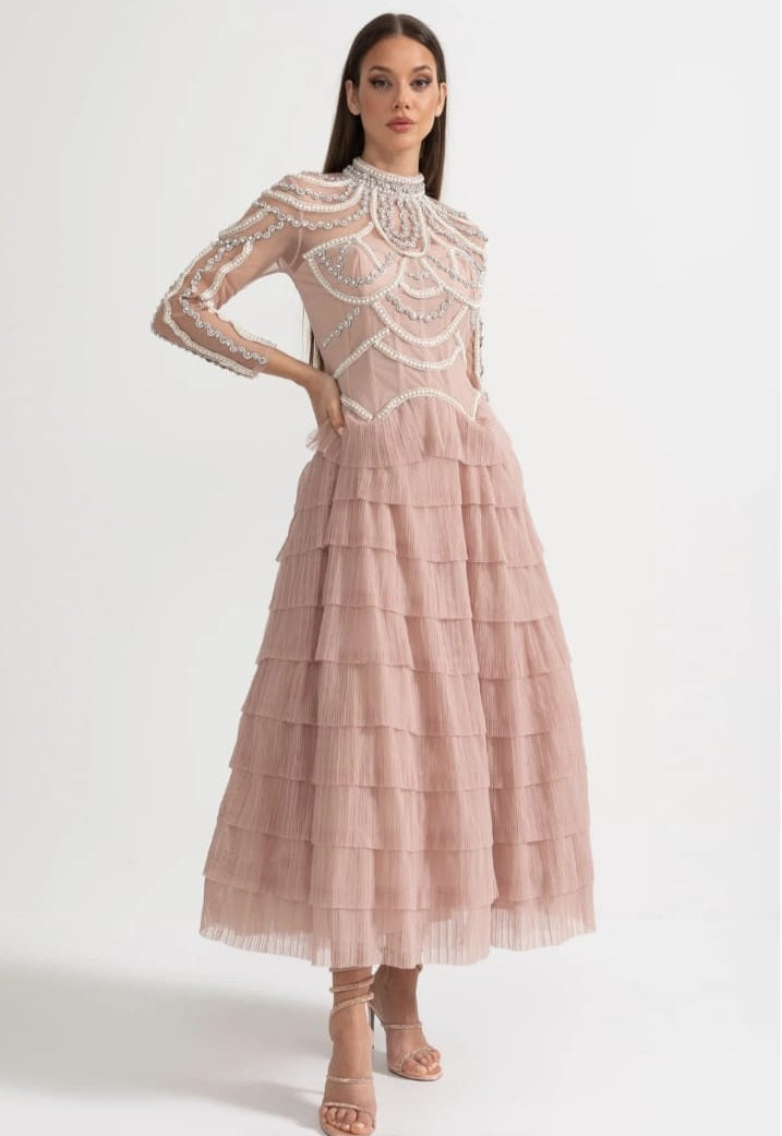 Elegant Long Sleeved Dress With Layered Ruffled Skirt And Intricate Sparkling Embellishments - Pink