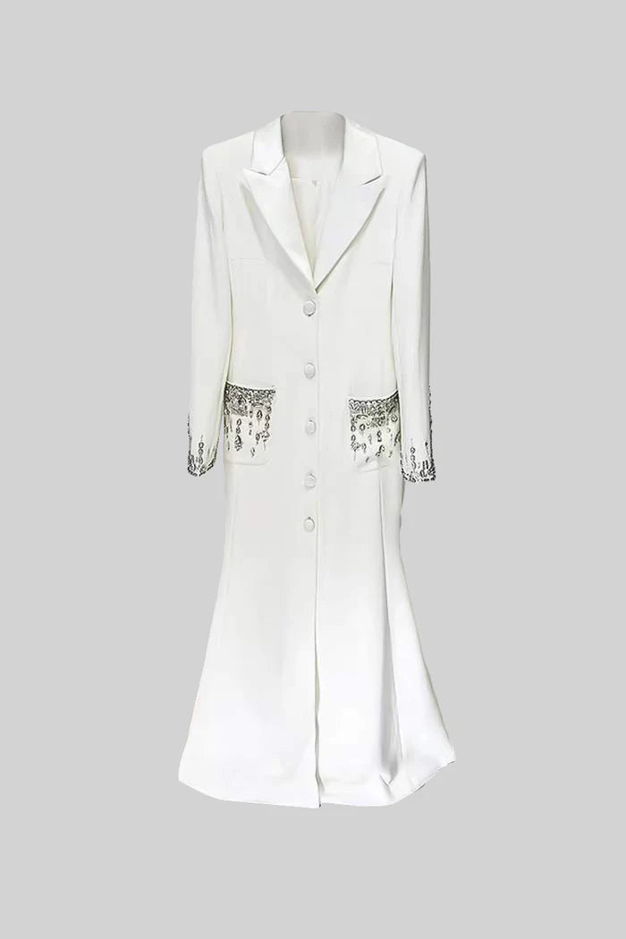Long Silhouette Dress With Lapels And Crystal Detailing - White