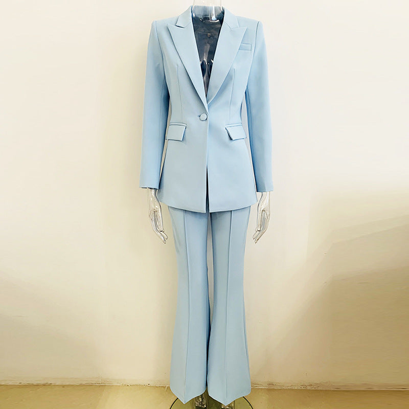 One-button cloth buckle mid-length suit + bell pants