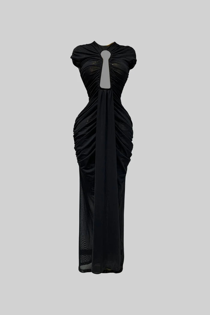 Draped Cut-Out Gown With Gathered Detailing – Black