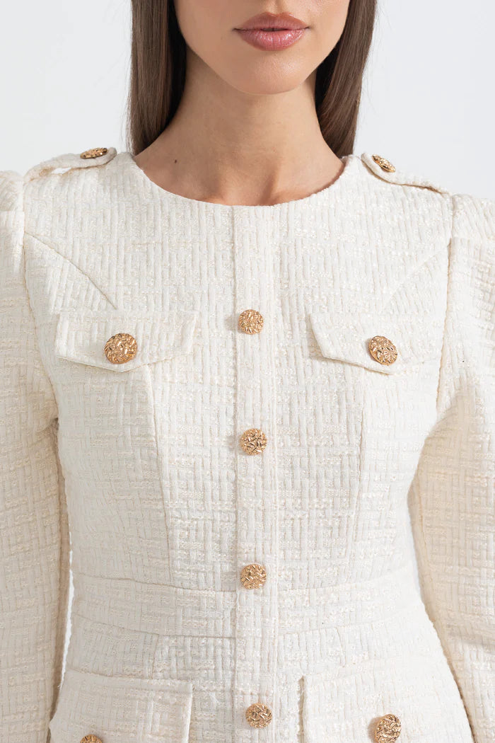 Textured Mini Dress With Gold Buttons And Front Pockets - Ivoire