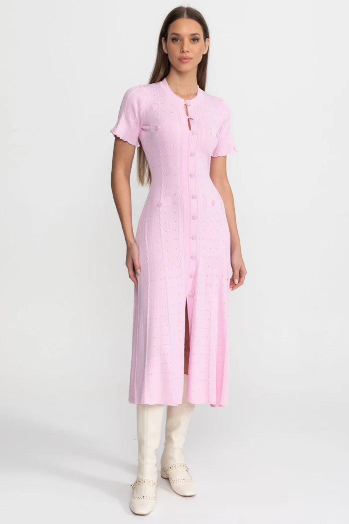 palma midi dress Knit Button-Front Midi Dress with Scalloped Sleeves – Pink – PALMA PARIS