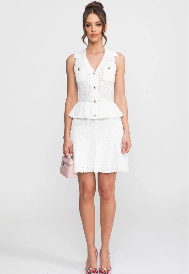 Openwork knit mini dress with V-neckline and polo neck - White