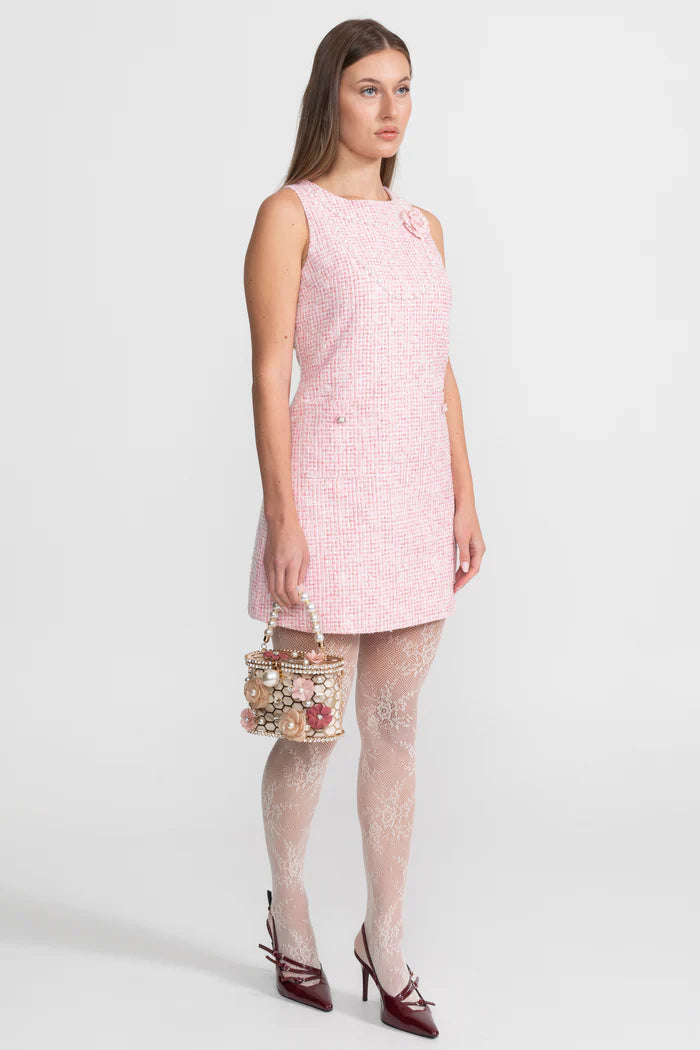 Sleeveless Tweed Mini Dress With Pearl Trim – Pink