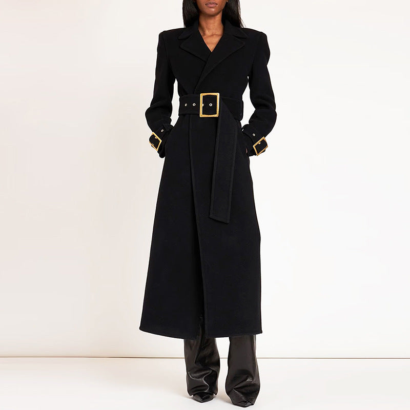 Simple belt elongated woolen coat