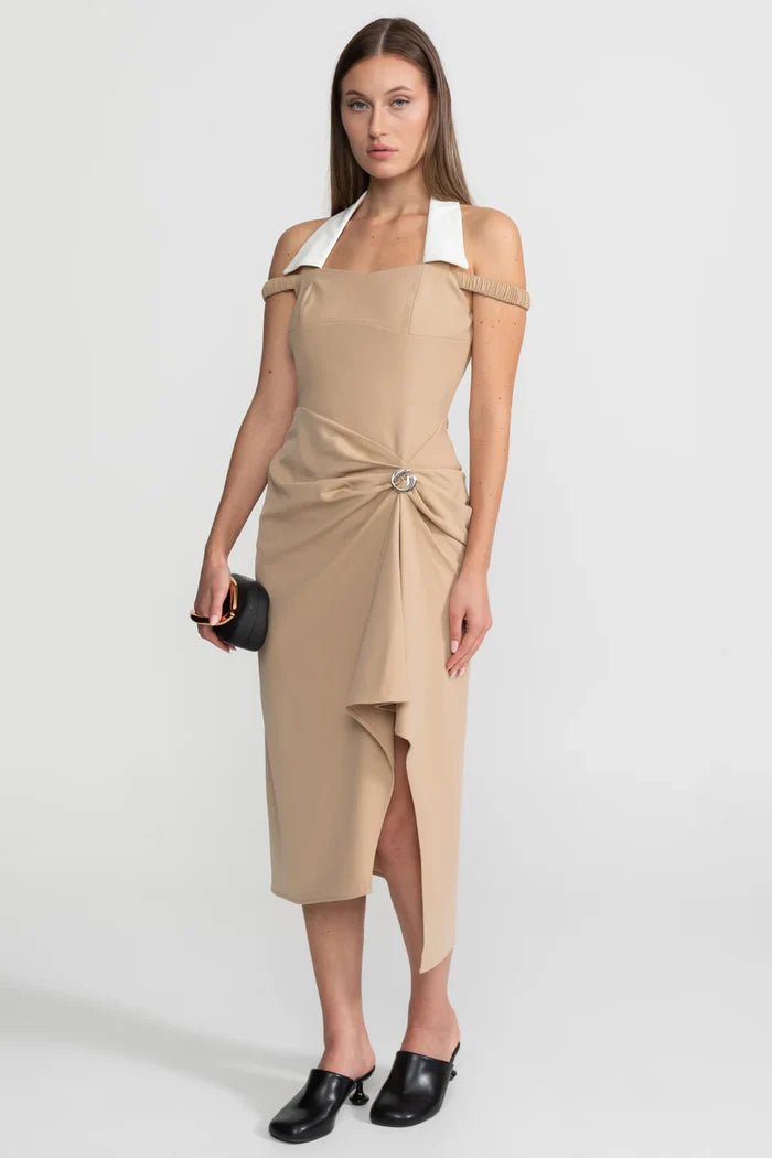 Draped Halter Midi Dress With Asymmetric Drape Detail – Nude