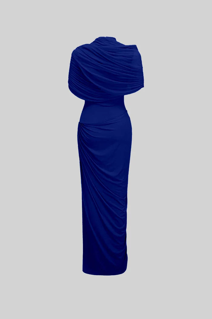 Elegantes dreiteiliges Maxikleid mit gerissenen Details und drapierenden Rock - Marineblau