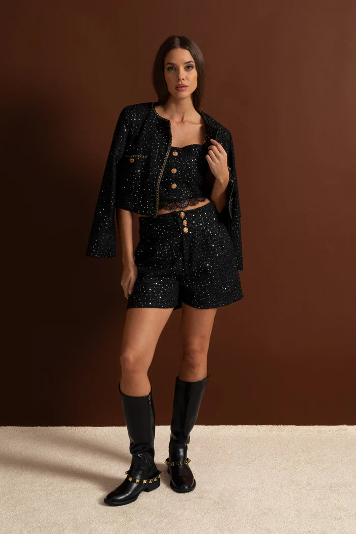 Embellished Co-Ord 3 Piece Set With Cropped Jacket, Lace Trim Top And High-Waist Shorts – Black