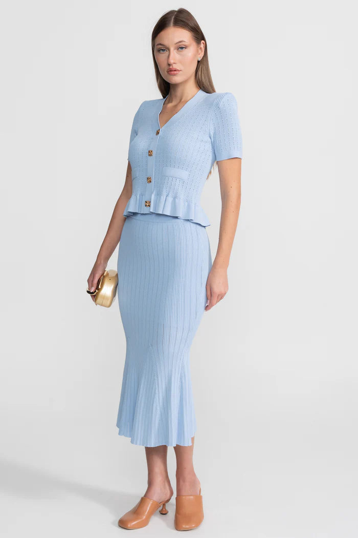 Knit Midi Co-Ord with Peplum Waist and Gold Buttons – Baby Blue