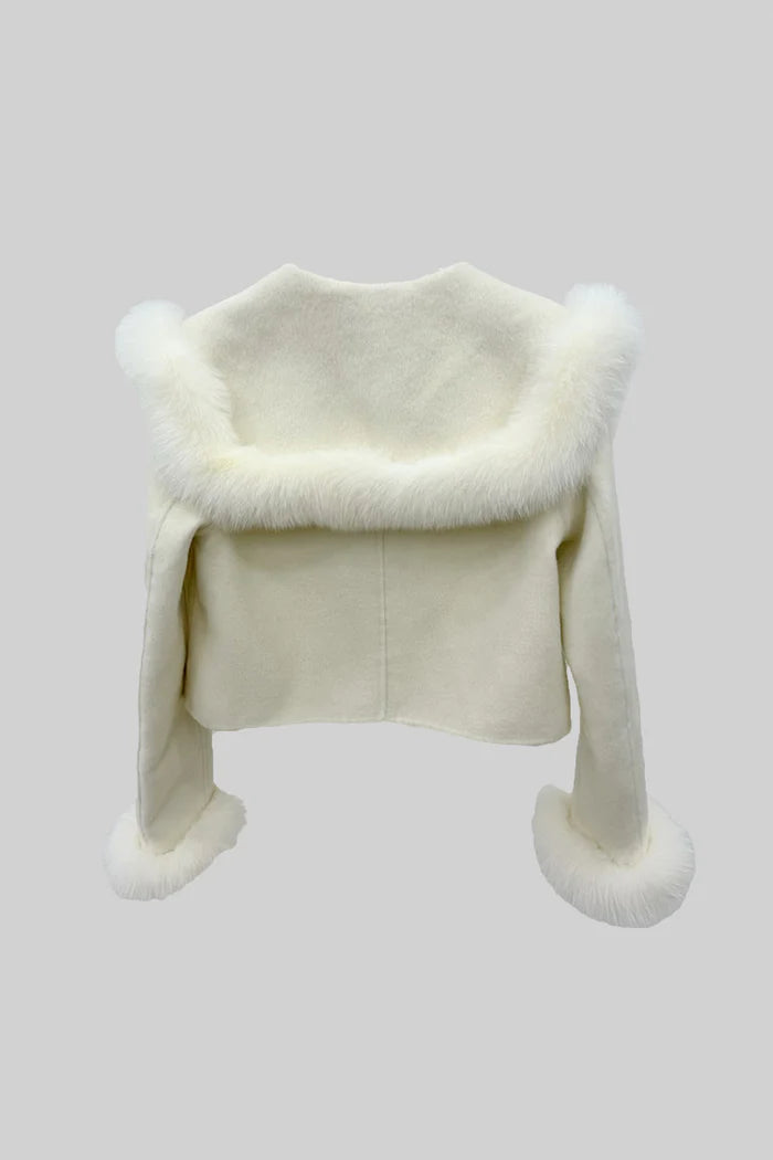 Double Breasted Cropped Jacket With Fur Collar Embellishment - White