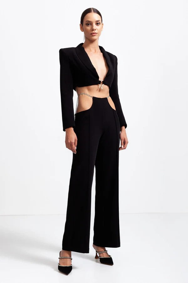 CALISTA Short Blazer with Cutout Trousers and Silver Details