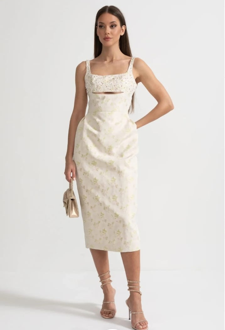 Sleeveless Midi Dress With Square Neckline, Subtle Floral Pattern And Front Cutout - Ivoire