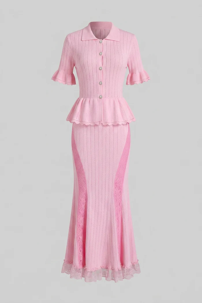 Peter-Pan Collar Knit Peplum Maxi Dress With Lace Hem - Pink