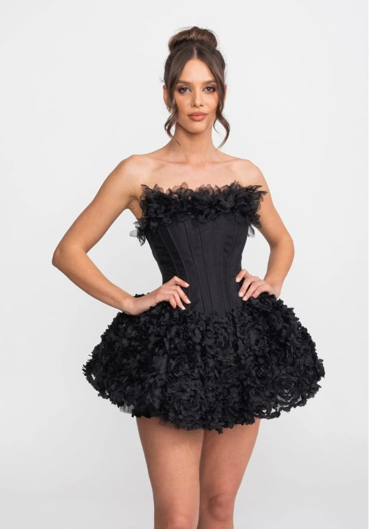 Strapless Corset Mini Dress With 3D Rose Appliqué Skirt - Black