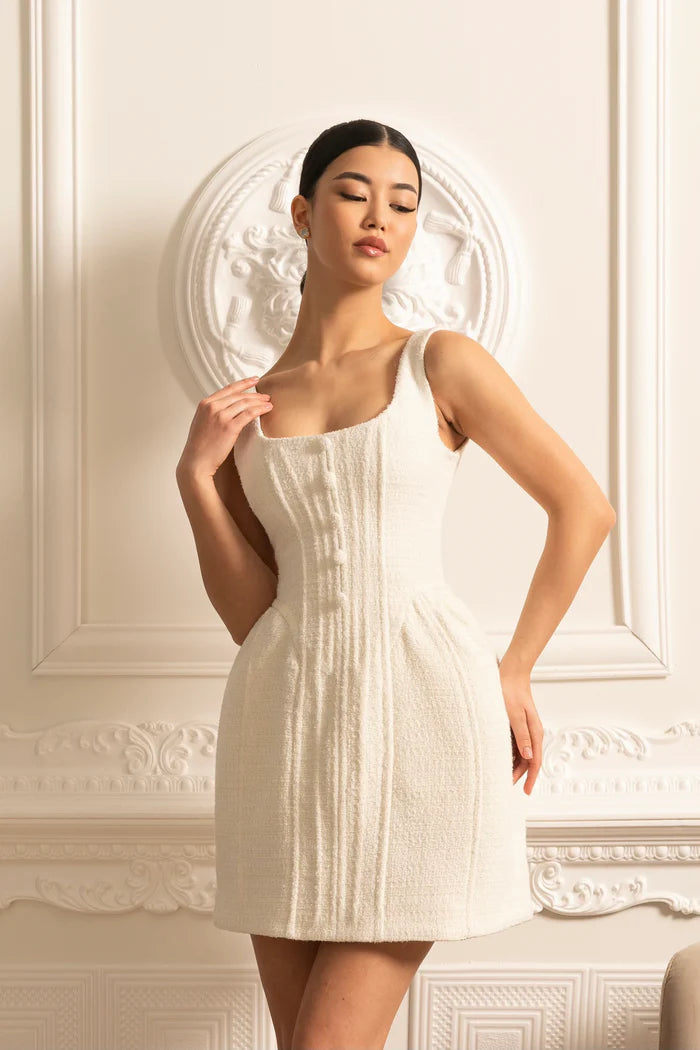Textured Sleeveless Mini Dress With Fitted Bodice - Ivoire